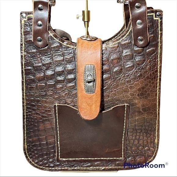 Handcrafted structured urban raw edge leather croc embossed shoulder bag NWOT - Picture 2 of 12